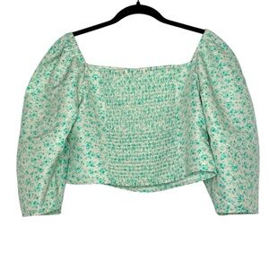 Levi Green Floral Blouse Yvie Odessa Electric Puff Sleeve Crop Top SZ Large